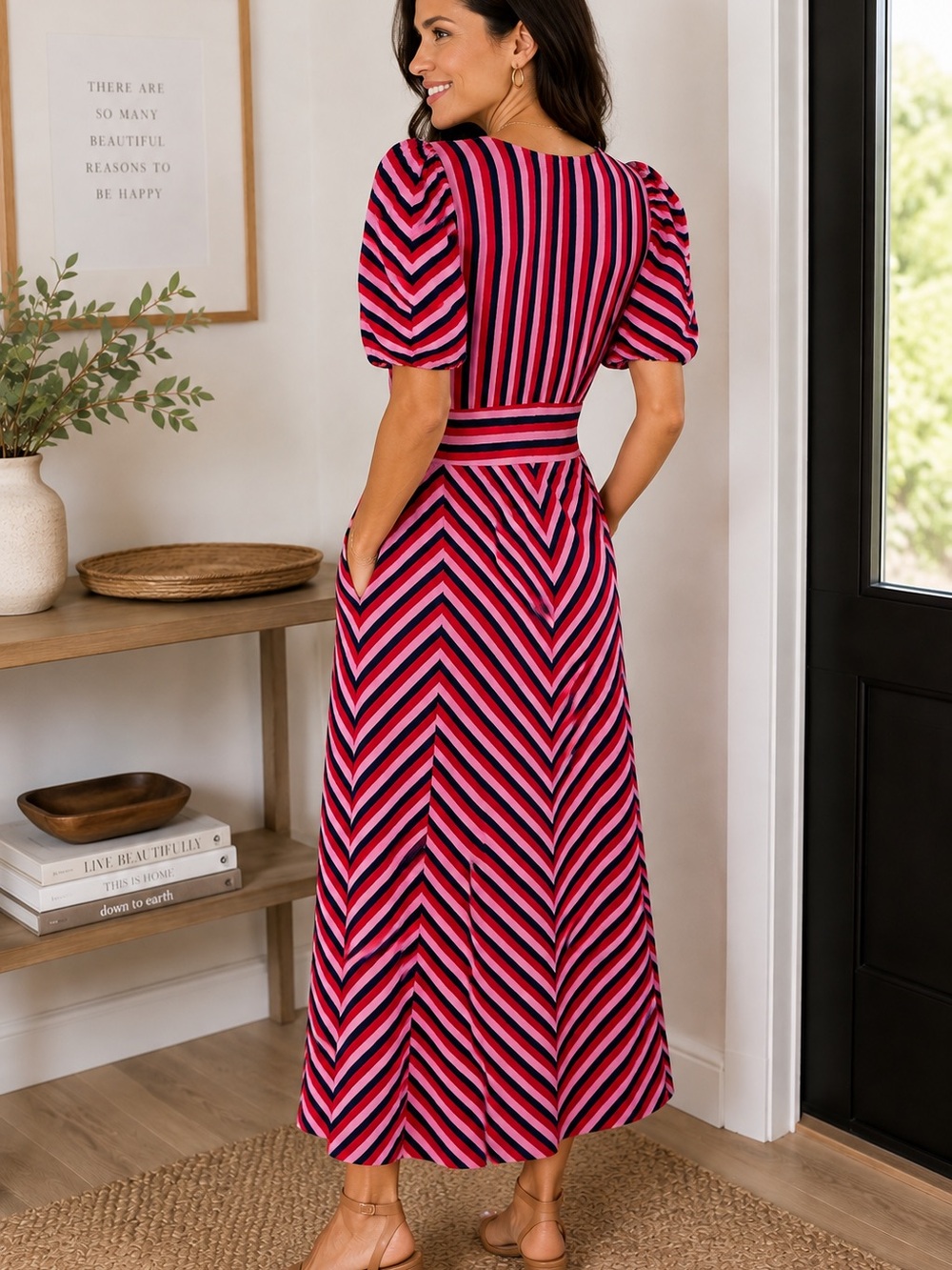 Boden Striped Puff Sleeve Midi Dress Size 4R Pink Red Navy - Picture 3 of 8